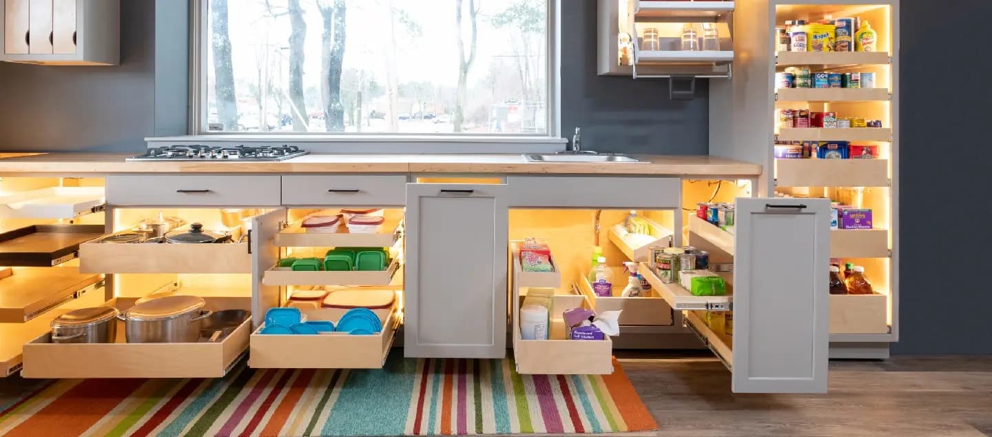 Beautiful Raleigh-area kitchen with custom pull-out shelving installed in cabinets